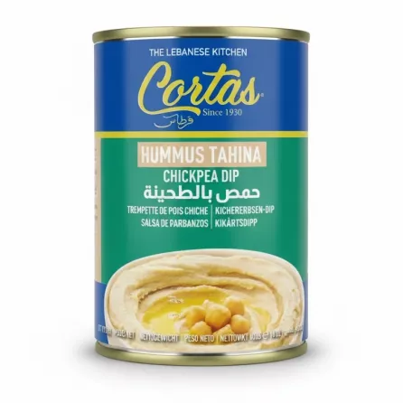 Cortas brand hummus tahina chickpea dip can front view