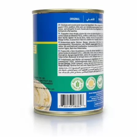 Cortas hummus tahina chickpea dip can with ingredient and barcode details