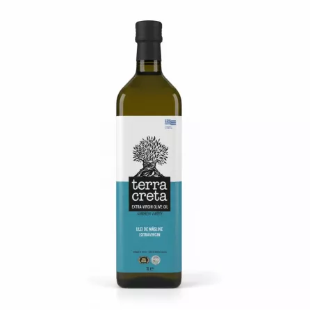 Bottle of Terra Creta extra virgin olive oil Koroneiki variety front label