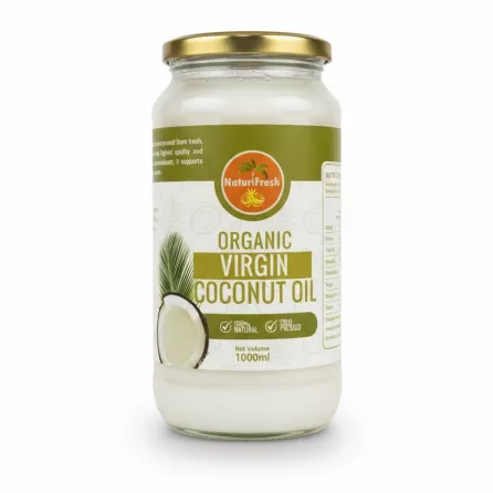 Glass jar of NaturiFresh Organic Virgin Coconut Oil with green and white label