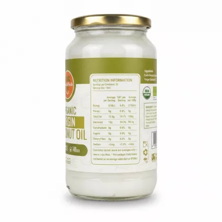 Back label showing nutrition information of NaturiFresh Organic Virgin Coconut Oil