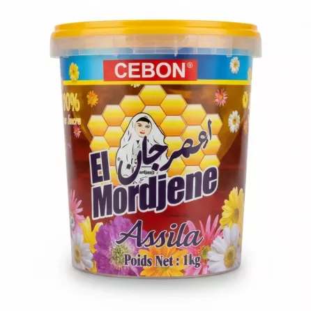 Cebon El Mordjene Assila honey in a 1kg plastic tub with yellow lid