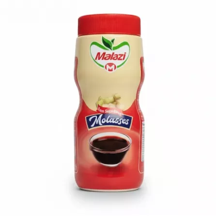 Malazi Molasses plastic container with a red lid front view