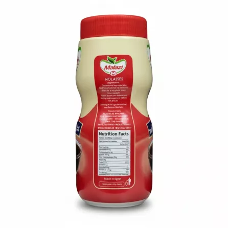 Back label of Malazi Molasses with nutrition facts and ingredients