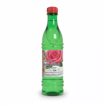 Green plastic bottle with red cap holding Amalia Rose Flavoured Water featuring a rose image on label