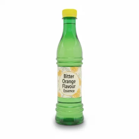 Green plastic bottle with yellow cap containing bitter orange flavour essence