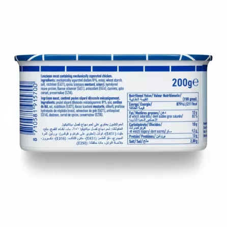 Zwan Chicken Luncheon Meat 200g tin nutritional information and ingredients label