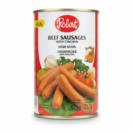 Robert Halal beef sausages with chicken in a can showing front label
