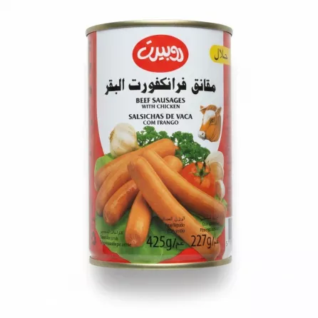 Robert Halal beef sausages with chicken can showing multilingual product label