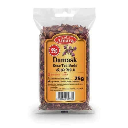 Front view of Amara Damask Rose Tea Buds packaging with label