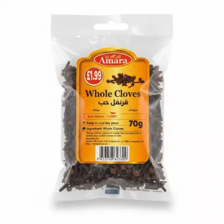 Packet of Amara Whole Cloves spice showing label and cloves inside