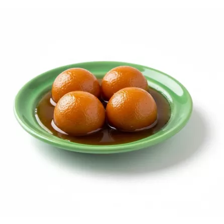 Royal Gulabjam sweet balls in syrup on green plate