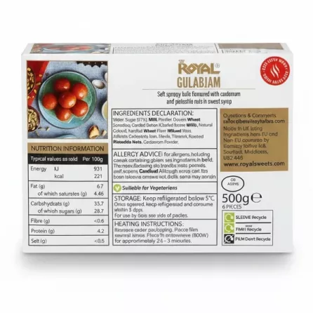 Royal Gulabjam packaging showing ingredients and nutritional info