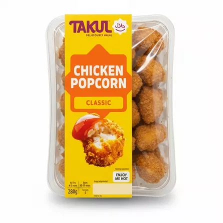 Packaged Takul Chicken Popcorn Classic in clear plastic and yellow label