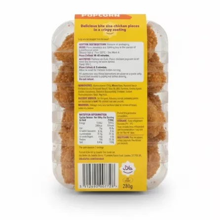 Back label showing ingredients, nutrition facts, barcode and heating instructions of Takul Chicken Popcorn Classic