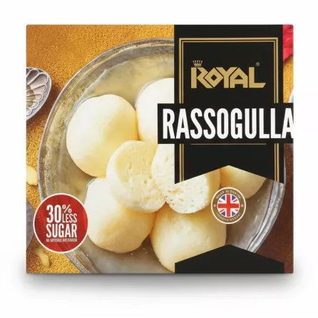 Box of Royal Rassogulla sweet spongy milk dumplings in syrup