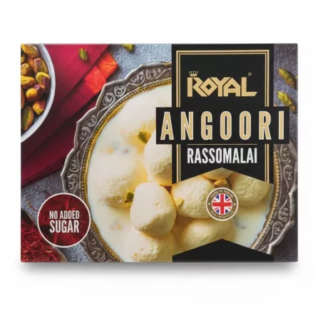 Royal Angoori Rassomalai box with image of creamy dessert balls topped with pistachios