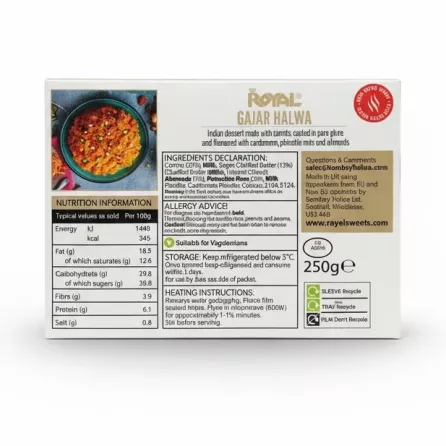 Royal Gajar Halwa nutritional and ingredient information on packaging back
