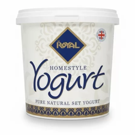 Royal Homestyle Natural Set Yogurt 1kg tub front label featuring branding and Union Jack symbol