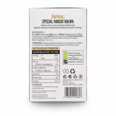 Back of Royal Special Habshi Halwa box with ingredients and nutrition