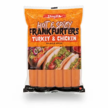 Package of Tahira Hot & Spicy Turkey & Chicken Frankfurters front view