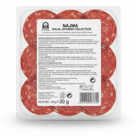Back view of Najma Halal Spanish Selection with ingredients and nutrition label