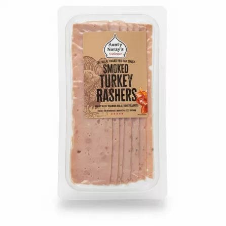 Packaged slices of Aunty Noray's smoked turkey rashers in transparent plastic