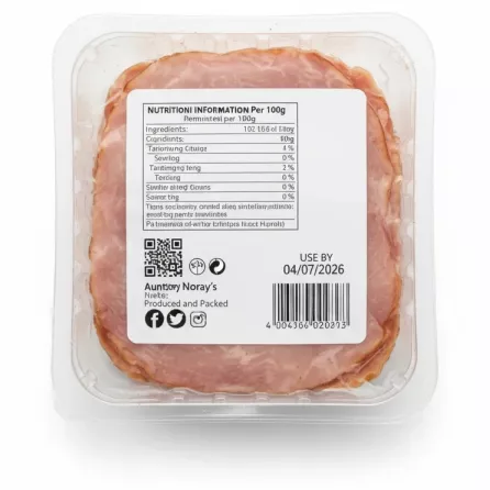 Back label of Aunty Noray's smoked turkey rashers showing ingredients and nutritional information