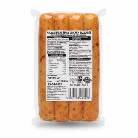 Back label of Najma spicy chicken sausages showing ingredients and nutritional info