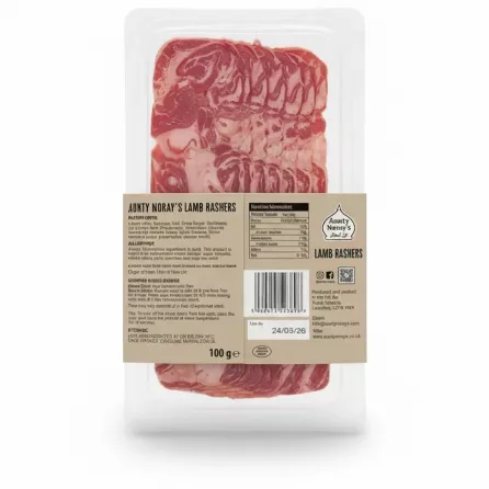 Back of package showing nutritional info and barcode of Aunty Noray's Lamb Rashers