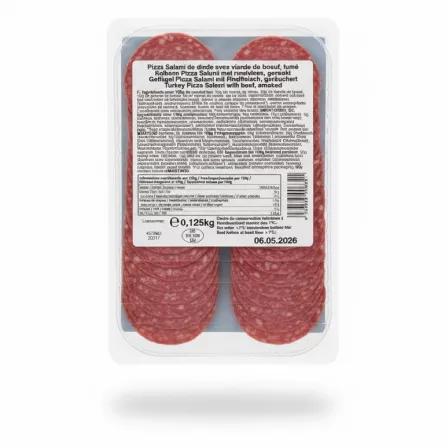 Back of Tahira turkey pizza topping pack showing ingredients and nutritional information