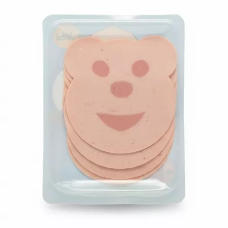 Bear-shaped turkey slices in transparent plastic tray package with nutritional label