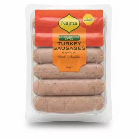 Pack of five Najma Lincolnshire Style Turkey Sausages in clear plastic packaging with orange and red label