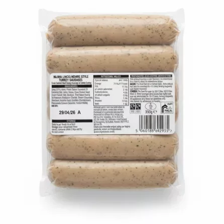 Back view of Najma Lincolnshire Style Turkey Sausages showing ingredients and nutritional facts on label
