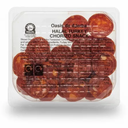 Back view of packaged halal turkey chorizo snack showing ingredients and nutrition