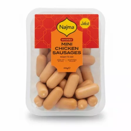 Najma Smoked Mini Chicken Sausages packaged in clear tray