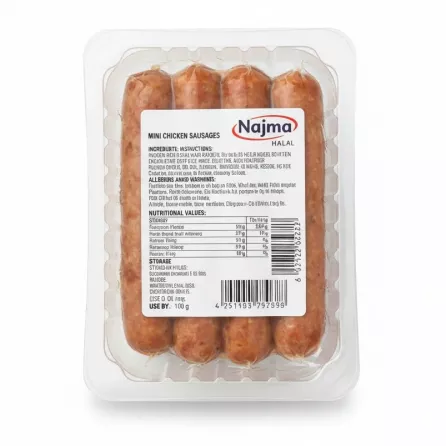 Back label of Najma Mini Chicken Sausages showing ingredients and nutritional info