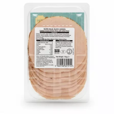 Back packaging of Najma Halal Chicken Slices showing nutritional and ingredient information