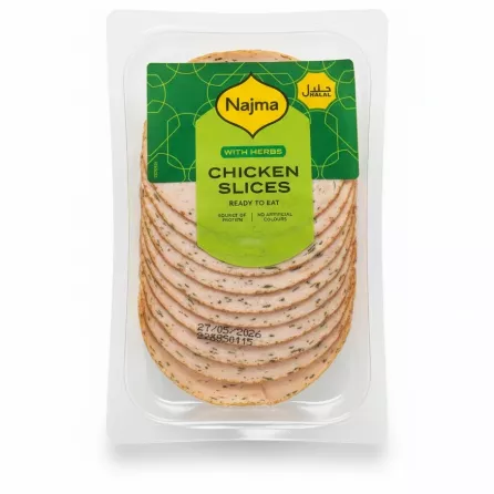 Pack of Najma Halal Chicken Slices with Herbs in vacuum-sealed plastic packaging
