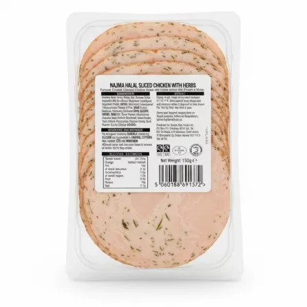Back view of Najma Halal Chicken Slices with Herbs showing ingredients and nutritional information label