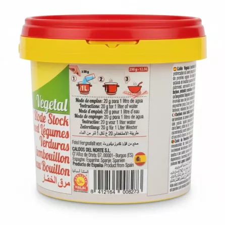CalNort vegetable stock container label showing usage instructions and barcode