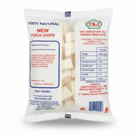 Back side of TAJ Mogo Chips package displaying ingredient and nutritional information