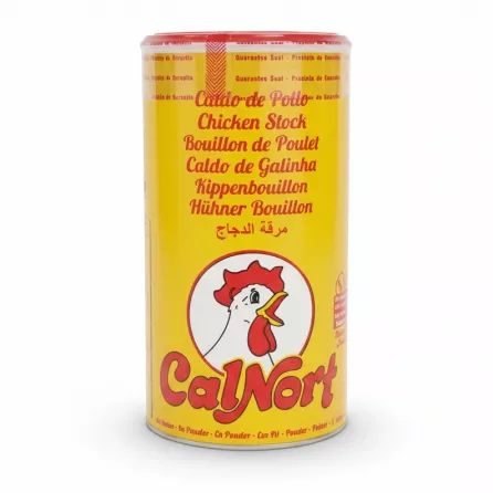 CalNort yellow container of chicken stock powder with red lid and chicken logo