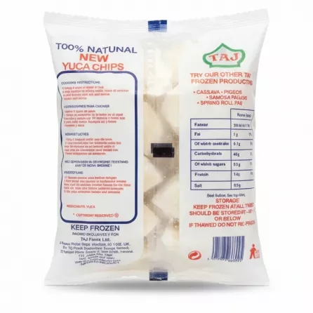 Back of the frozen cassava yuca packaging showing cooking instructions and nutritional facts