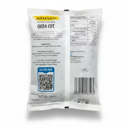 Back of Armaan frozen okra cut package showing ingredients and nutrition