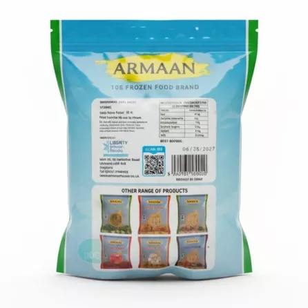 Back view of Armaan frozen peeled garlic cloves packaging with nutritional info and barcode