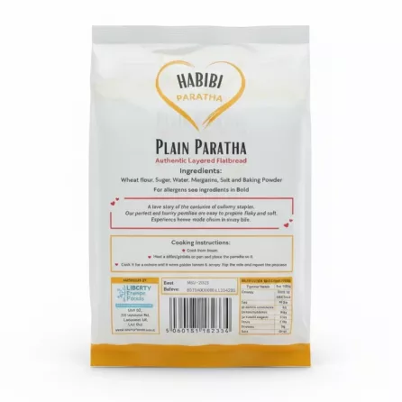 Back of Habibi Plain Paratha pack showing ingredients and nutrition