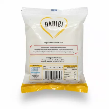 Back of Habibi Crushed Garlic pack showing ingredients and nutritional information