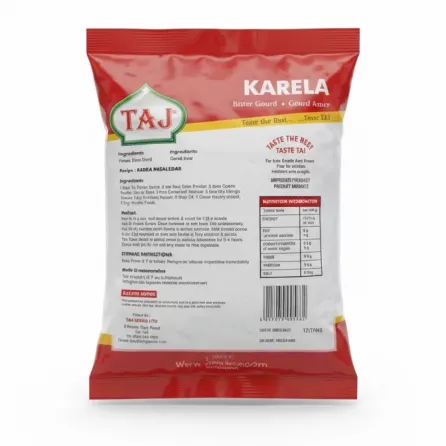 back of Taj frozen Karela pack showing nutrition and recipe