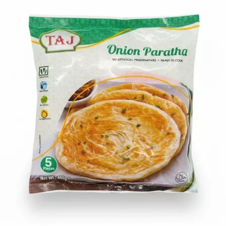 Pack of Taj Onion Paratha showing 5 pieces of round, layered flatbread topped with fresh herbs